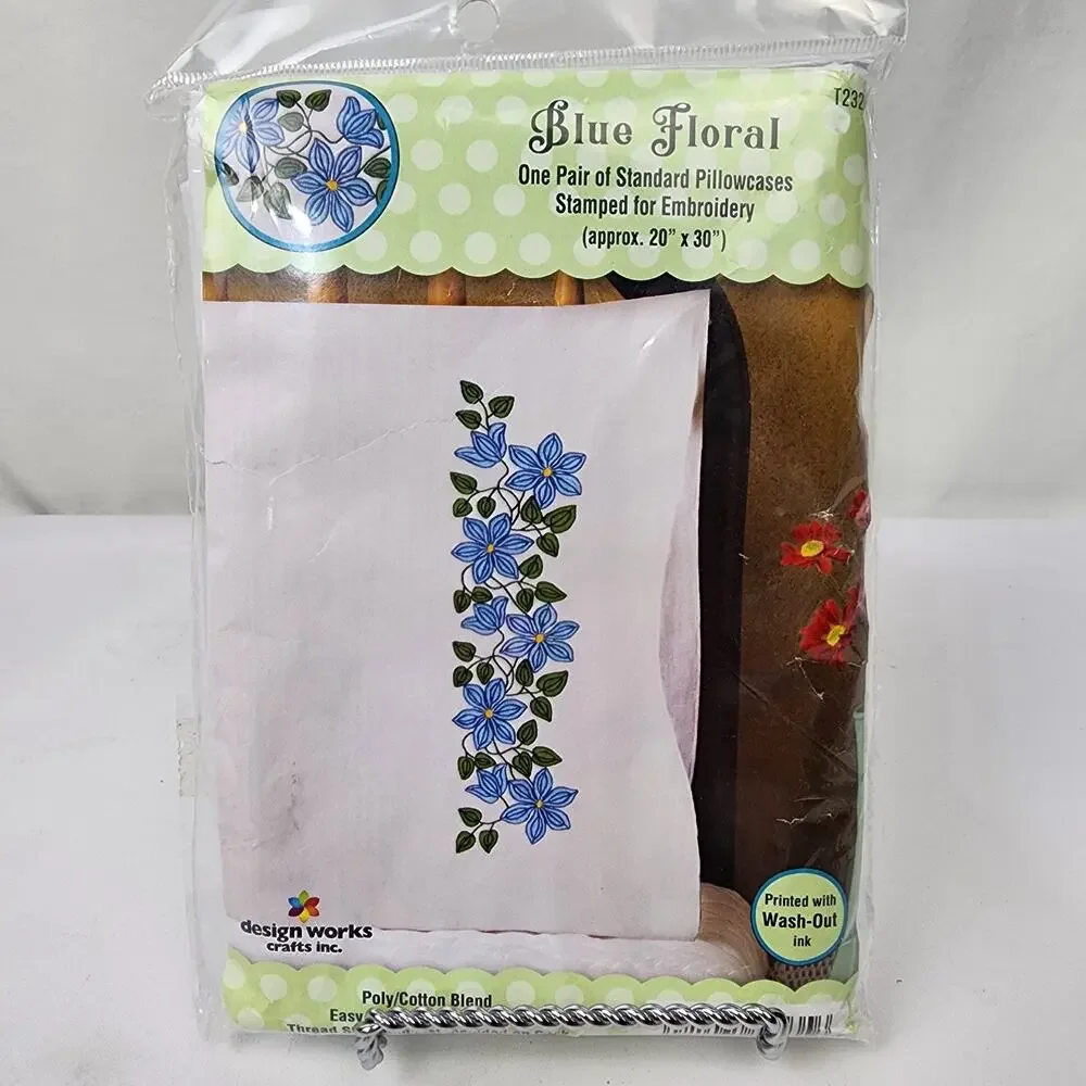 Design Works Crafts #T232135 “Blue Floral” Embroidery Stamped Pillowcases Kit